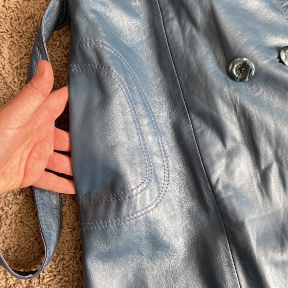 Vintage leather dress coat double breasted with belt steel blue size 12-14 - Picture 13 of 13